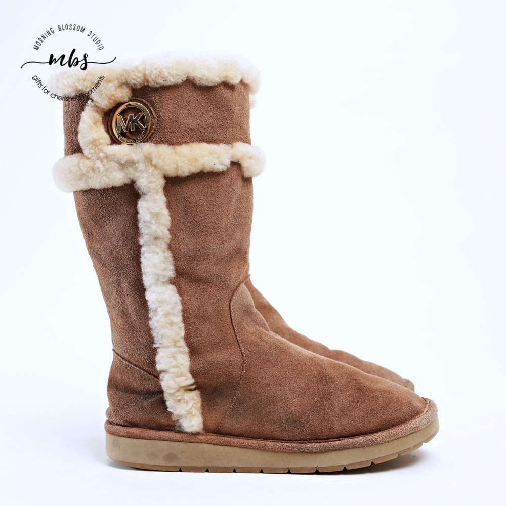 Michael Kors Suede Shearling Trim MK Logo Pull On Winter Boots Brown Women 9
